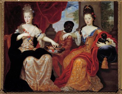 マドモアゼル・ド・ブロワとマドモアゼル・ド・ナントの肖像画は、彼らの黒人の使用人によって提供されました. マドモアゼル ド ブロワ (1677-1749)、ルイ ド ブルボンの将来の妻、マドモアゼル ド ナント (1673-1743)、将来のオルレアン公爵夫人。 クロード・フランソワ5世の絵画 作： Claude Francois Vignon