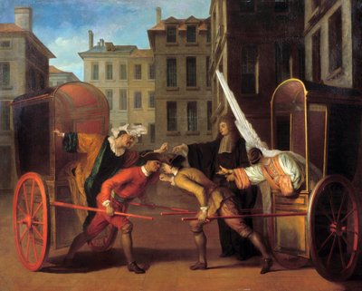 コメディア・デラルテ「スカラムーシュとハーレクインの戦い。クロード・ジロー（1673-1722）による絵画 1695年 薄暗い。1,27 x 1,60 m - Commedia dell