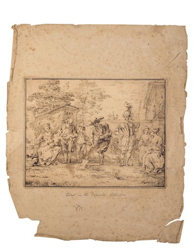 Les quatre âges de la vie: 庭にいる 7 人の人物、1 人が鋤で掘っている (ペンと茶色のインク) 作： Claude Gillot