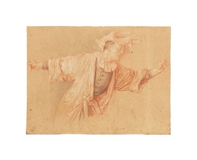 両腕を広げたスカラムーシュの習作 c. 1707 (ライトグレーの紙に赤、黒、白のチョーク) 作： Claude Gillot