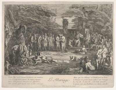 結婚ルマリアージュ：森の中で、古いサテュロスは婚約者と結婚しました...、ca。 1700-1720。 作： Claude Gillot