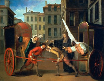 ジャン=フランシス・レグナード（1655-1709）とチャールズ-リヴィエール・デュフレスニー（1648-1724）によるコメディー「サンジェルマンの見本市」に追加されたシーン、2つのコーチc.1695（キャンバスに油彩） 作： Claude Gillot