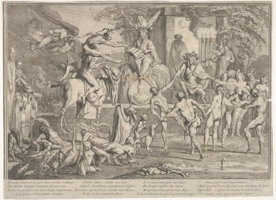 魔女の安息日、夜行性の風景の中で、上部中央に座っているネクロマンサー...、ca。 1700-1720。 作： Claude Gillot