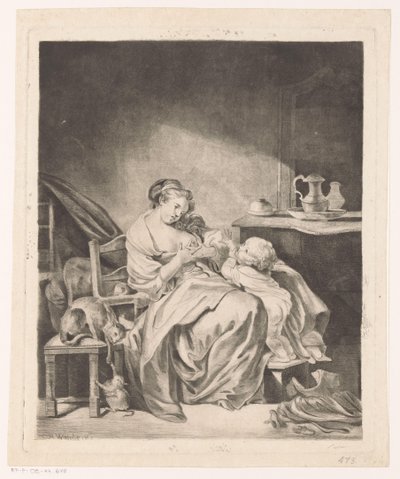 座っている女性が子供に食事を与えているインテリア 作： Claude Henri Watelet