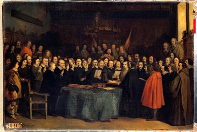 1648年5月15日にミュンスター市庁舎でスペイン人とニードランダーの間の平和が批准された後の誓いであるヴェストファーレンの平和彼らは三十年戦争を終結させた。クラウディウス・ジャカンドによる絵画 作： Claude Jacquand