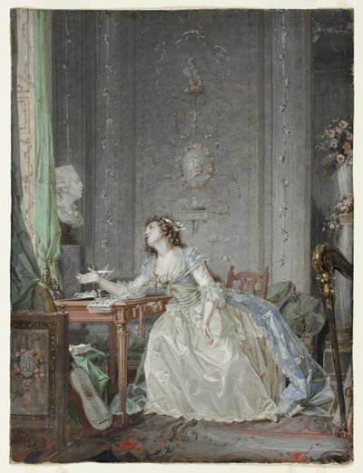バストの前に若い女性の肖像画を持つインテリア 作： Claude Jean Baptiste Hoin