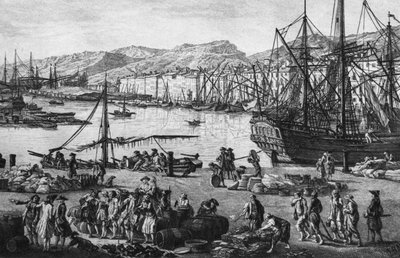 フランスの港」シリーズ、若き日のシャルル・ニコラ・コーチン（1715-90）とジャック・フィリップ・ル・バス（1707-83）が彫刻したトゥーロンの旧港（左手の詳細）（382970、382972も参照）（エッチング 作： Claude Joseph (after) Vernet