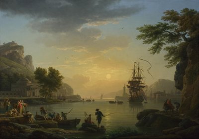 漁師が漁獲物を持ち帰る日没の風景、1773 作： Claude Joseph Vernet