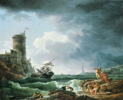 フォートレスの難破船の嵐、前景の漂流者、1769 作： Claude Joseph Vernet