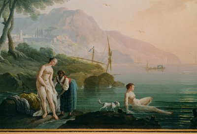 海辺で海水浴をする少女たち...（キャンバスに描かれた絵） 作： Claude Joseph Vernet