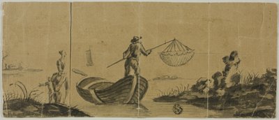 シノワズリー ボートから釣りをする男性、海岸に立つ女性と子供 作： Claude Joseph Vernet