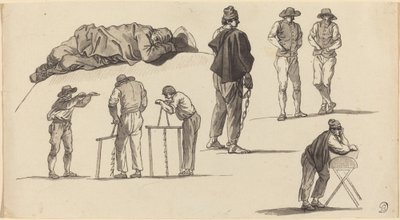 地面で寝ている 1 人の男性とのこぎりをしている 2 人の男性を含む図の研究 作： Claude Joseph Vernet