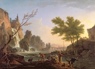 カスケードと橋のある風景の中の漁師 作： Claude Joseph Vernet