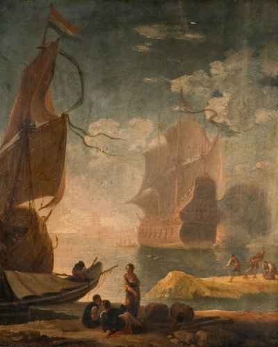 1825年、埠頭に軍艦と人物がいる港のシーン。 作： Claude Joseph Vernet