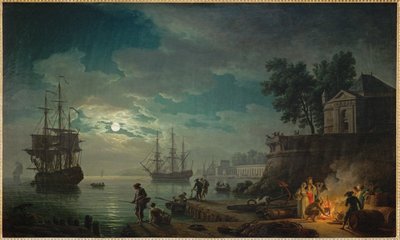 夜には、月明かりに照らされた港が...。 作： Claude Joseph Vernet