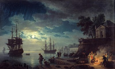 月明かりの釣りキャンプファイヤーをしている男性と一緒に港の夜景。ジョセフ・ヴェルネによる絵画 作： Claude Joseph Vernet