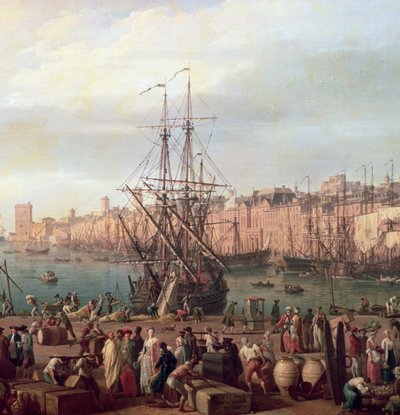 1754年のマルセイユの内港とHorloge du Parcのパビリオンの朝の眺め（156103の詳細） 作： Claude Joseph Vernet