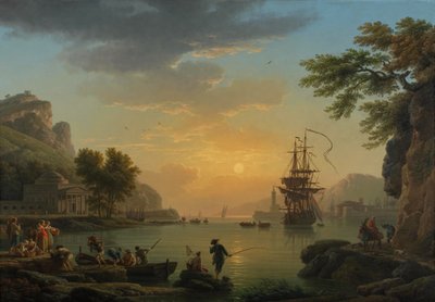 "Paysage au coucher de soleil avec retour de peche" (漁師が獲物を持って戻ってくる夕暮れの風景) Peinture de Claude Joseph Vernet (1714-1789) 油彩・キャンバス 1773 Dim 114,5x164 cm National Gallery, Londres 作： Claude Joseph Vernet