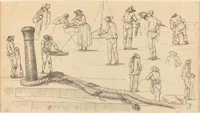 埠頭の人物像とボラードに取り付けられたロープの長さ 作： Claude Joseph Vernet