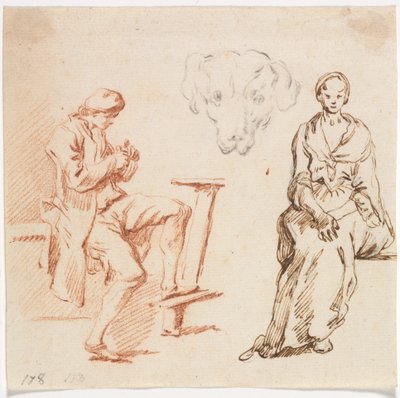 研究シート：着席した男性、犬の頭、着席した女性、1700年代。 作： Claude Joseph Vernet