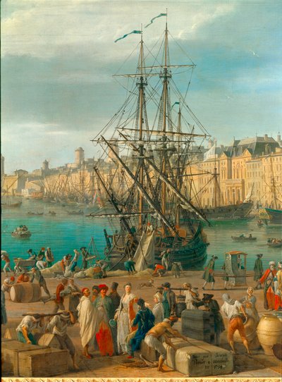 18世紀のマルセイユ港 貨物の荷揚げを表すディテール。ジョセフ・ヴェルネ（1714-1789）による18世紀のパリの絵。海洋博物館 作： Claude Joseph Vernet