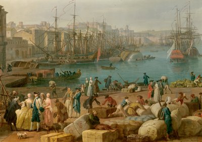 18世紀のマルセイユ港 貨物の荷揚げを表すディテール。ジョセフ・ヴェルネ（1714-1789）による18世紀のパリの絵。海洋博物館 作： Claude Joseph Vernet