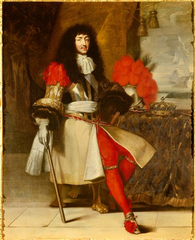 フランス・ナバラ王ルイ14世（1638-1715）の足元の肖像 - 1665-1670年頃（船のある海上風景の前で、王冠と笏をテーブルに置いてポーズをとっている戦艦） クロード・ルフェーヴル（1632-1675）による絵画 1670年頃 日。1,96x1,55 作： Claude Lefebvre