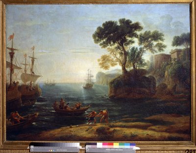 アエネアスのイタリア到着。 ローマ帝国の創設。 （イタリアへのアエネアスの到着。ローマ帝国の朝）。 クロード・ジェレの絵画は、クロード・ル・ロラン (1600-1682) と言いました。 キャンバスに油彩。 バロック芸術。 プーシキン美術館、モスクワ 作： Claude  Lorrain