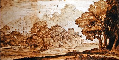 魅惑の城」（紙にペン、インク、ウォッシュ） 作： Claude Lorrain