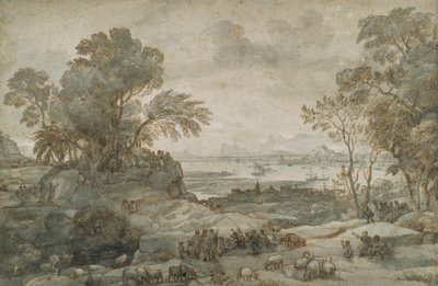 山上の説教をするキリストのいる風景」（紙にペン、茶インク、グレーのウォッシュ 作： Claude Lorrain