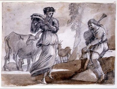 Rural Dance（紙に黒と赤のチョークとウォッシュ） 作： Claude Lorrain