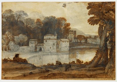 要塞化された工場の近くにある湖のそばの羊飼い...。 作： Claude Lorrain (1600-82)