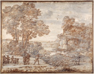 シルヴィアの雄鹿を撃つアスカニウス 1680年頃（紙にペン・インク・ウォッシュ 作： Claude Lorrain