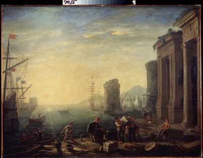 港の朝。 港の朝。 ル・ロランとして知られるクロード・ジェレ (1600-1682) の絵画。 キャンバスに油彩 作： Claude  Lorrain