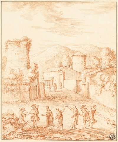 廃墟となった塔のある村の前のダンサーと音楽家たち 作： Claude Lorrain