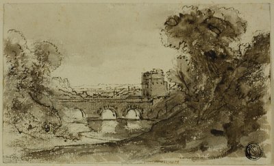 塔のある橋のあるイタリア風の川の風景 作： Claude Lorrain