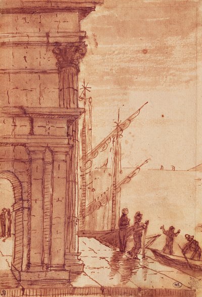 日の出の着陸段階（ペン、茶色のインク、茶色のウォッシュと黒のクレヨン） 作： Claude Lorrain