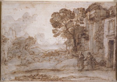 アブラハム追放のハガールとイシュマエルのいる風景、c.1665-67（ペンとインク、紙のチョークで洗う） 作： Claude Lorrain
