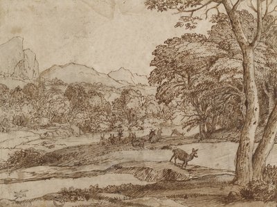 鹿の群れのいる風景、1666年（黒チョーク、こすり、ペンと茶色のインクで汚れたオフホワイトの紙に塗った） 作： Claude Lorrain