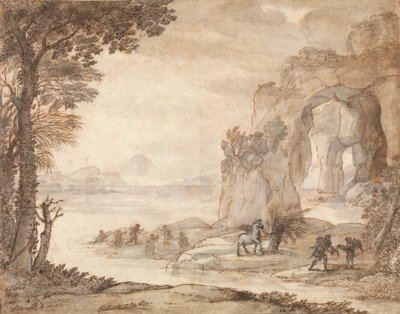 ペルセウスとサンゴの起源、1671年頃（黒チョーク、セピア、黒インク、セピア、白のグレーウォッシュ） 作： Claude Lorrain