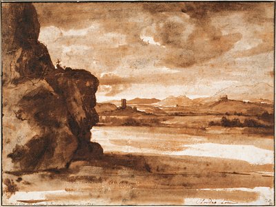 1630年から1640年の間の、ローマ北部の暗い曇り空のテベレ風景 作： Claude Lorrain