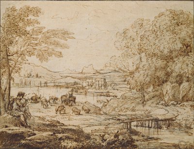 牧歌的な風景でパイプを演奏する若者、c1640s 作： Claude Lorrain