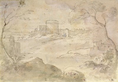要塞化された町のある風景（紙にインク＆ウォッシュ） 作： Claude Lorrain