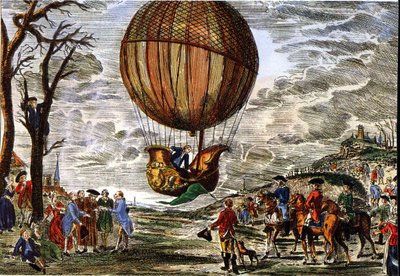 1783年、シャルトル公爵に見守られる熱気球の飛行、エングレーヴィング 作： Claude Louis (after) Desrais