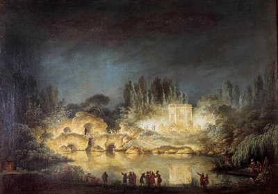 1781年8月、王妃マリー・アントワネットが兄ヨーゼフ2世（1741-1790）を讃えて開いた祝宴の際に、ヴェルサイユ宮殿のピア・トリアノンの庭園にあるベルヴェデーレ館を照らし出したもの。クロード・ルイ・シャトレ（1753-1794）による絵画 作： Claude Louis Chatelet