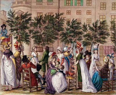 管理委員会の下でのファッション。"Le petit Coblenz」、パリのプロムナードBoulevard des Italians。Claude Louis Desrais (1746-1816)によるリトグラフ 1798年。パリ、カルナヴァレ美術館 作： Claude Louis Desrais