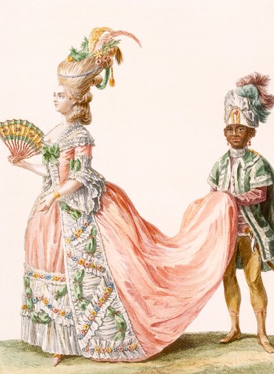 レロイが刻んだレディの精巧なイブニングガウン。「Galeries des Modes et Costumes Francais」c.1778-87から。 作： Claude Louis Desrais