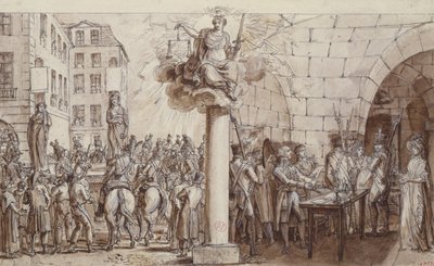1812年、コンシェルジュリーで未亡人のモーリンと彼女の娘のアンジェリークデラポルテが強盗罪で公の場に拘束され、暴力で罰せられた（ペン、ペン、インク、ウォッシュオンウォッシュ） 作： Claude Louis Desrais
