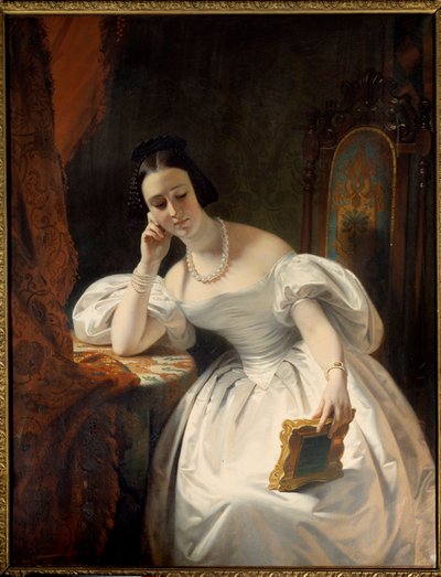 鏡の中の若い娘クロード・マリー・デュビュッフェ（1790-1864）の絵画 作： Claude Marie Dubufe