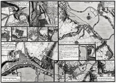 Fol.7＆98 1714年にシャレンテ川沿いに位置する町とシャトーの地図、サントンジュ広場から（ペン＆インク、紙にトイレ） 作： Claude Masse